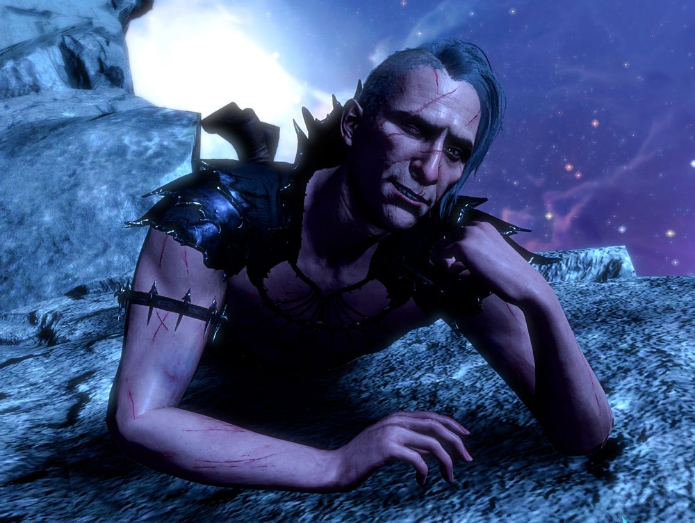 Screenshot of Abdirak. He's lying on a rock in the astral realm, on his stomach propping his chin up with one hand and his feet up in the air behind him. He's smiling and winking at the camera. 
