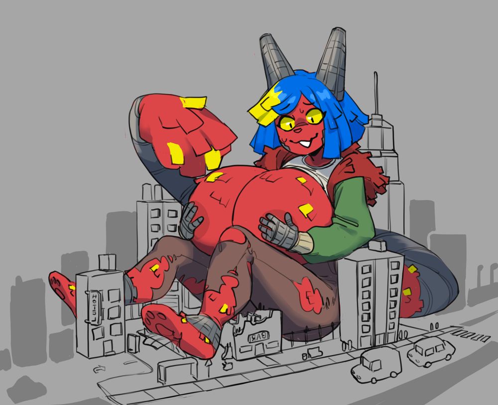 Digital illustration of a giant anthro piñata character sitting on top of buildings and holding on to their extremely large breasts.