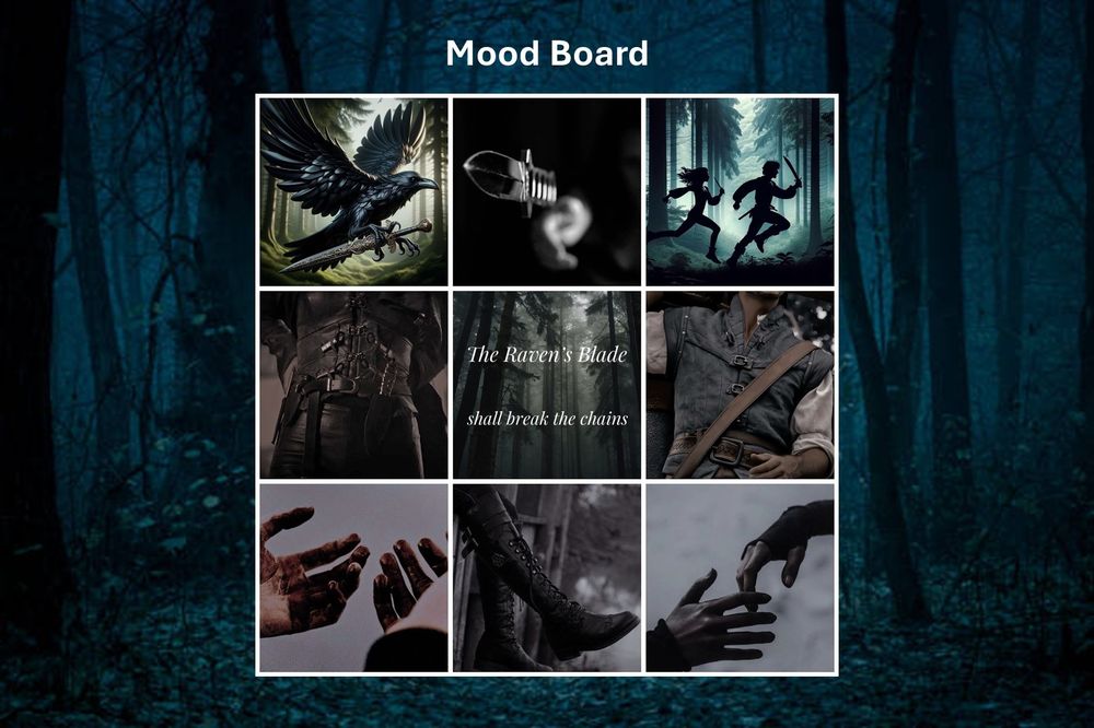 Mood Board for Children of Qandar.
3x3 grid with images of a raven carrying a dagger, a girl throwing a knife, silhouettes of a girl with a dagger and a boy with a sword running through a dark forest, a close-up of a girl's midriff with knives strapped to her waist, the text "The Raven's Blade shall break the chains", a close up of a boy's midriff with a sword strapped to his back, a girl's hands covered in blood, a girl's boot laced up, and a girl and boy's hands reaching to grab each other