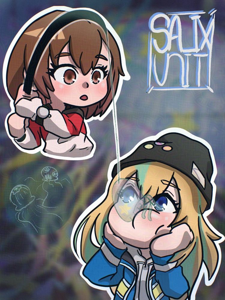 Chibi style digital drawing of two girls looking at each other. Top left corner is brunette in a white and red sweater holding a fishing pole. Bottom right blonde with blue streaks is caught by the fishing pole. The bait is a jellyfish.