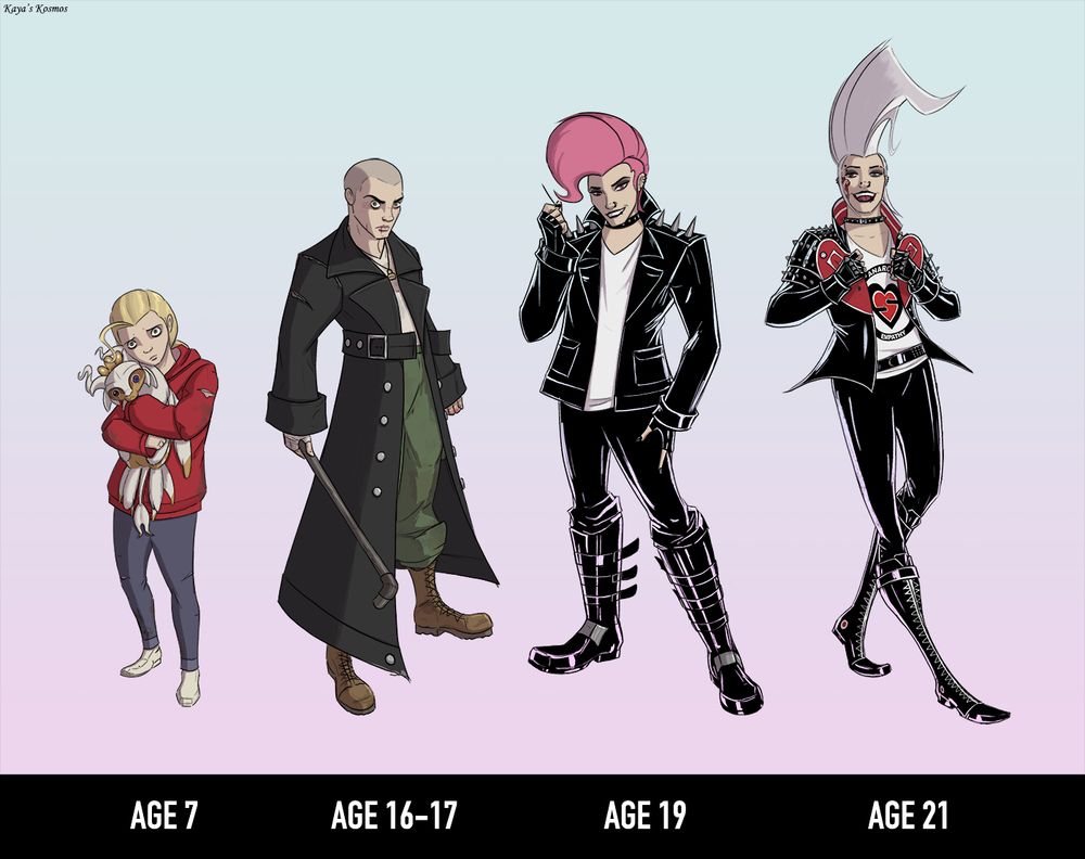 Four drawings of Ludwig Striker at different ages.

Age 7 - Ludwig is holding his Mumbeltrousse toy, his eyes filled with fear and exhaustion. He wears a red jacket that is torn. His long, blond hair is tied up in a ponytail.

Age 16-17 - Ludwig has shaved his head completely, wears a dark trenchcoat and is holding a pipe. He has a murderous look in his eyes.

Age 19 - Ludwig is wearing black leather and has a shorter pink mohawk. He also has pink contact lenses and is holding a toothpick.

Age 21 - Ludwig is finally wearing his iconic heart-themed jacket and has his white mohawk, plus he now has heart tattoos on his face. He looks much happier and sassier now.