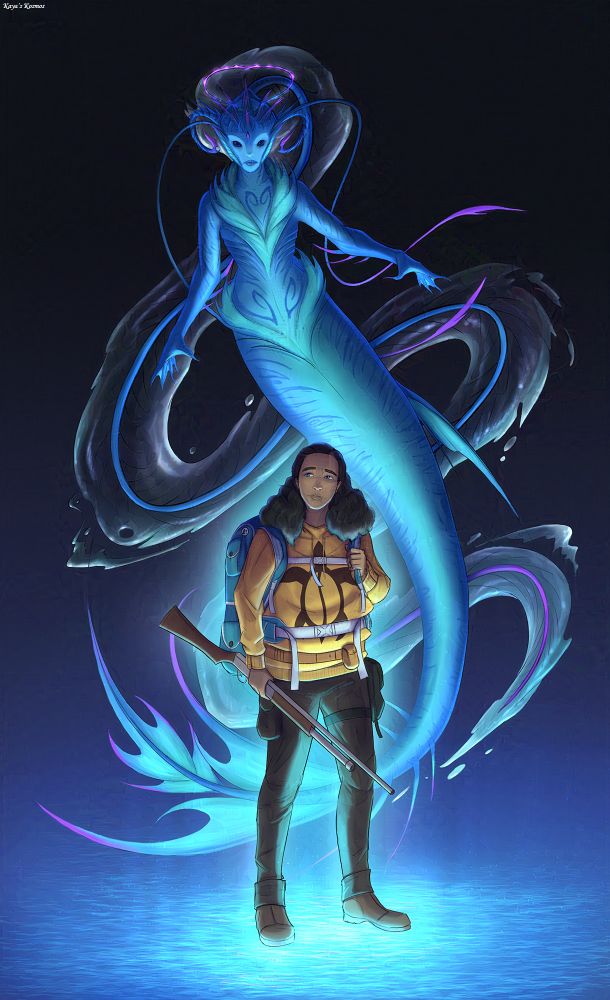 A drawing of a woman with a shotgun and survivalist gear. She is standing on a mystical blue ocean background as an eerie demonic/angelic mermaid-like being with blue scales looms ominously behind her.