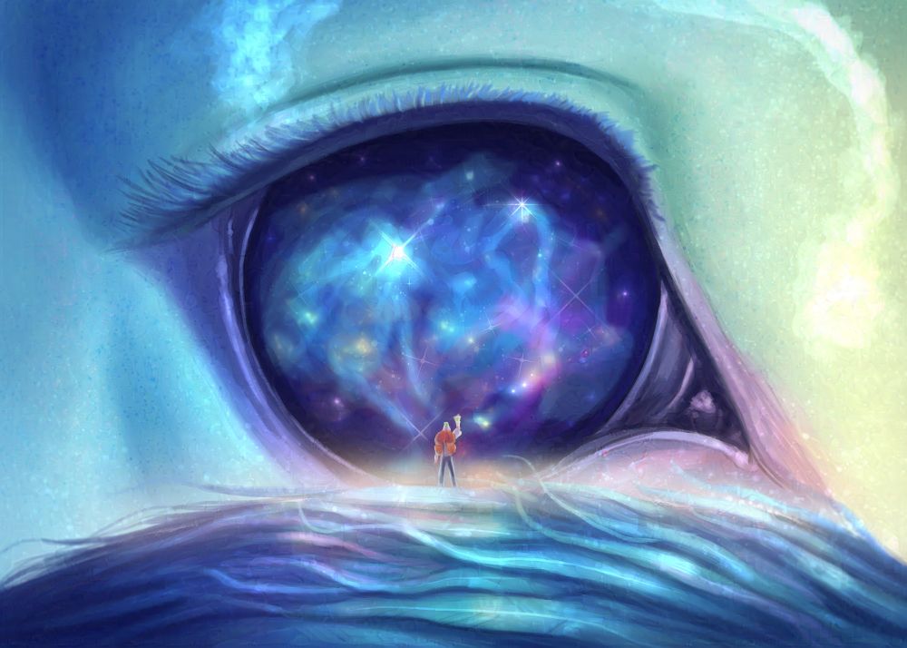 A drawing of a colossal dragon eye that looks like it contains the universe. Near the eye is a tiny character reaching out to it as if to touch the stars.