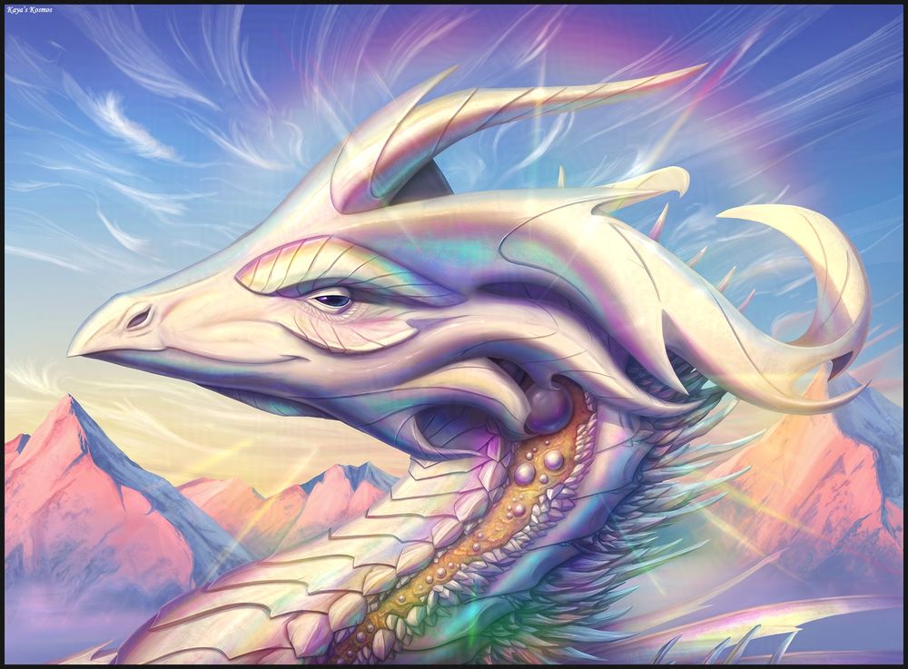 A drawing of a prismatic dragon. This is a white dragon with iridescent mother-of-pearl like scales. There is a line of golden scales running up the side of its neck. In the background is a mountain range at sunset and wispy cirrus clouds against a deep blue sky. The dragon is emitting a ring of rainbow light around its head.