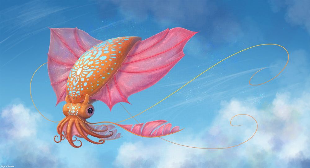 A drawing of a type of flying squid known as a dumbo squid. It is orange with pink "wings" and covered in glowing blue markings. It is flying through a blue sky.