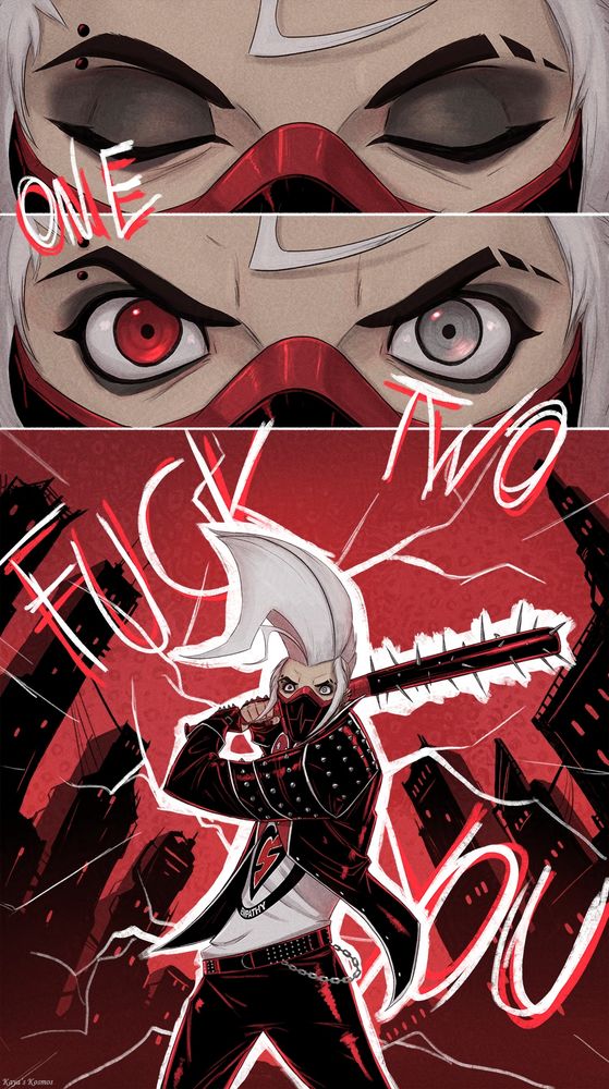 A short comic about Ludwig Striker the anarchist punk.

Panel 1 - Ludwig's eyes are closed.
Panel 2 - Ludwig menacingly opens his eyes, ready for a fight.
Panel 3 - Ludwig wildly swinging his spiked baseball bat with the distorted city of Wyrdon in the background, shown only as black building silhouettes before a red sky.

The writing, "ONE. TWO. FUCK YOU" can be seen on the comic, a reference to the Pigface song "Bitch."