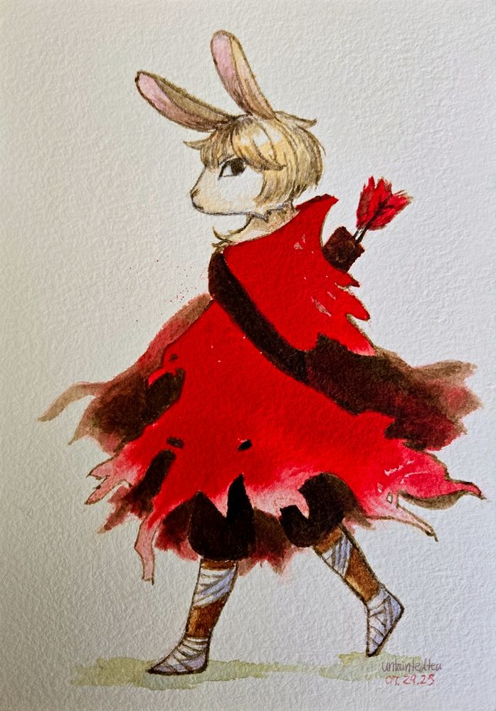 A traditional drawing of an anthropomorphic white rabbit wearing a red cloak and a quiver of arrows with red fletching. They are looking at the viewer.