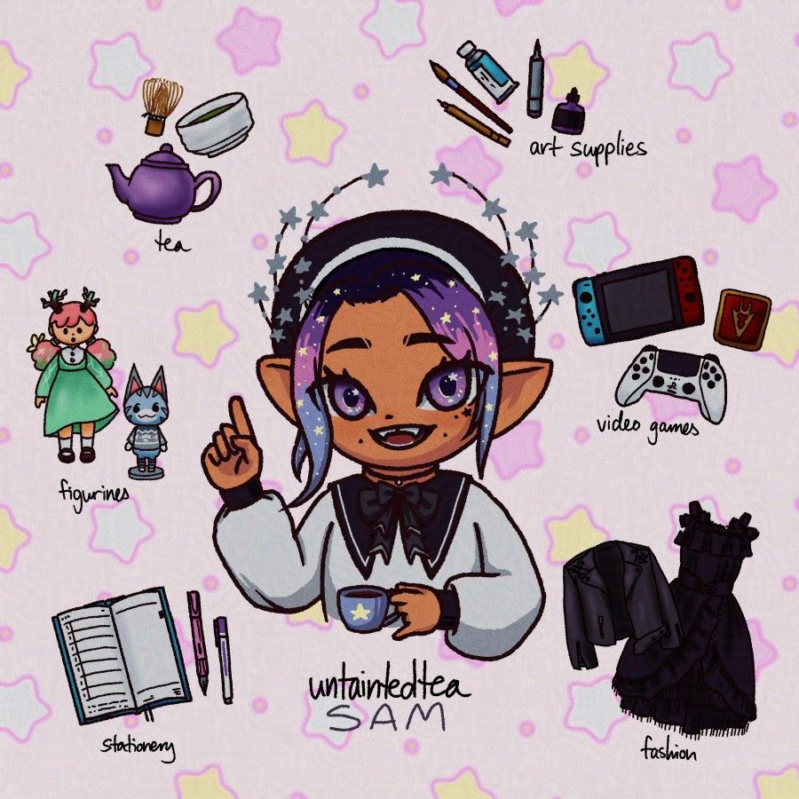 A digital drawing of my vtuber model in the middle of several labelled items: tea, art supplies, video games, fashion, stationery, and figurines.