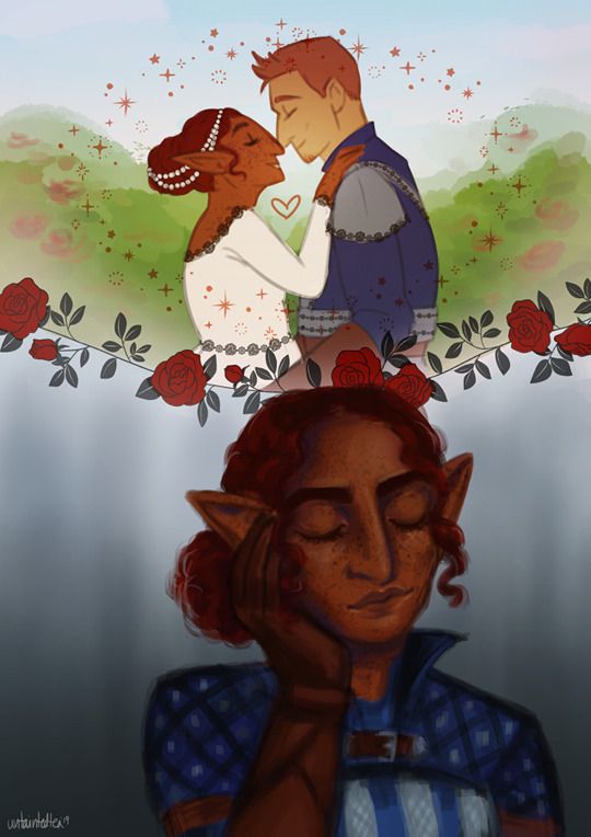 A two-part digital drawing of Alistair from Dragon Age and my Warden Aria Surana. The top half is a drawing of the two of them on their imagined wedding day in a simpler style. The bottom half is Aria alone with her eyes closed, dreaming of the above. A border of roses separates the two parts.