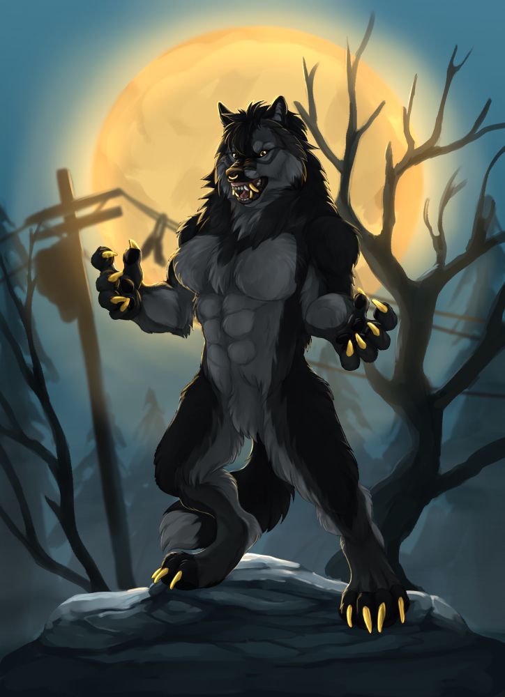 large buff werewolf woman stands claws drawn and snarling in front of the full moon 