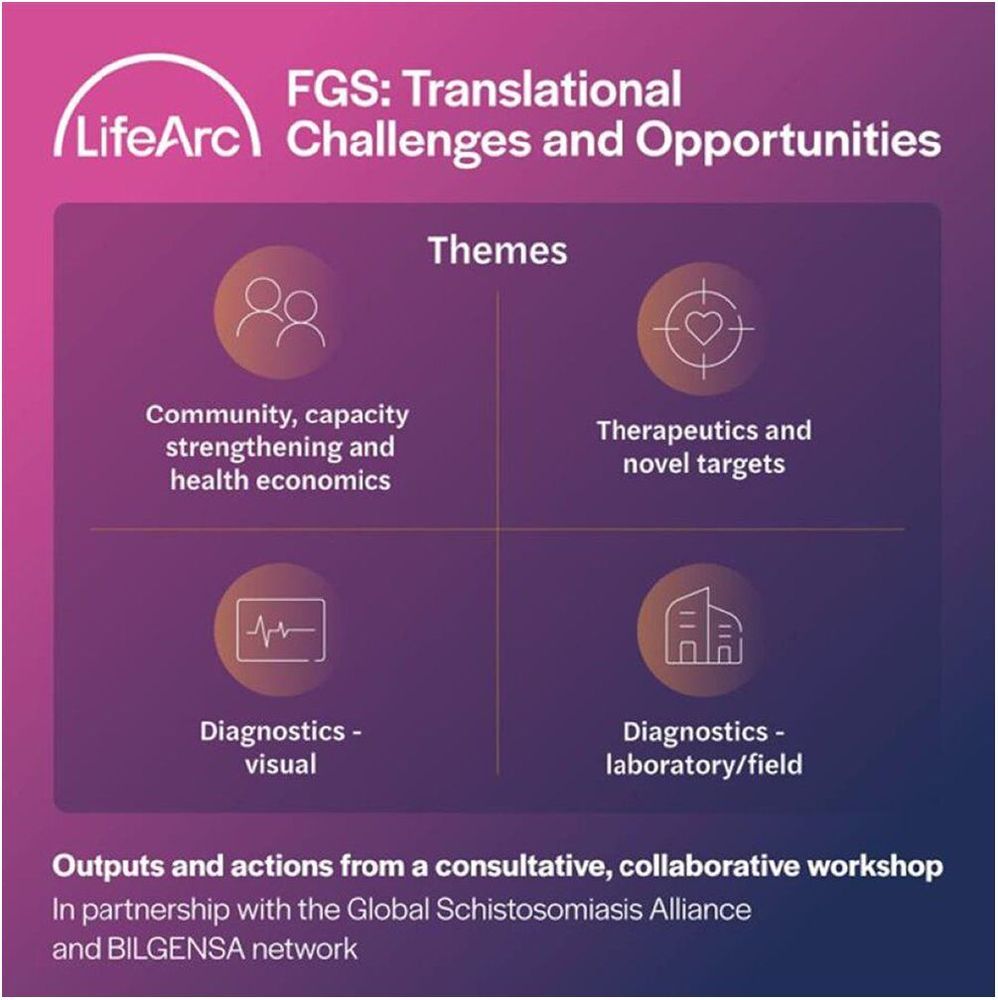 Purple background with LifeArc Logo next and following text in white: FGS: Translational Challenges and Opportunities. Themes: Community, capacity strengthening and health economics, Therapeutics and novel targets, Diagnostics visual, Diagnostics laboratory/field. Outputs and actions from a consultative, collaborative workshop. In partnership with the Global Schistosomiasis Alliance and BILGENSA network