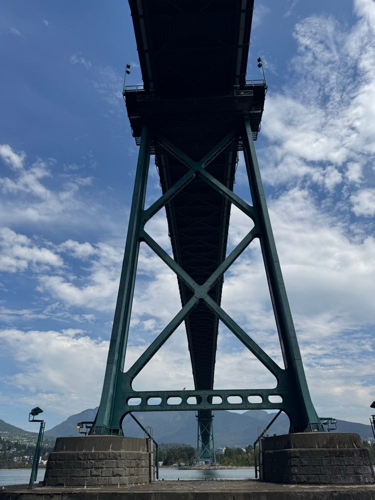 The underside of the Lions Gate Bridge from below on the south side. 