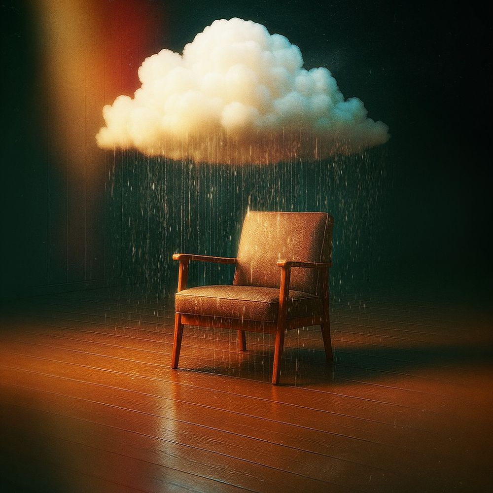 A creative image of an arm chair with a cloud above it, raining down on the chair.