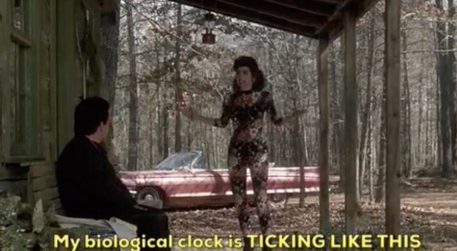 Marisa Tomei stamping her foot an saying, "My biological clock is TICKING LIKE THIS"