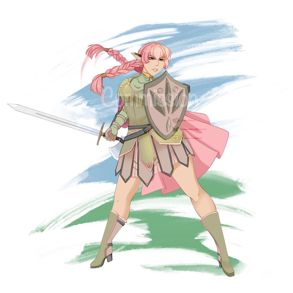 A pink haired elf girl with lightly tanned skin. She wears green and brown armour. Heeled boots with green grieves protect her legs. She wields a shield on one arm and holds a sword in the other.