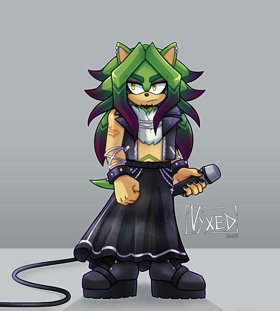 A fanmade sonic character nicknamed "Diz". He's a green hedgehog with a gothic clothing style, long quills that drape over his face and back, and severe resting btichface. He is holding a microphone and looking to his side with a solemn, unmoved expression.