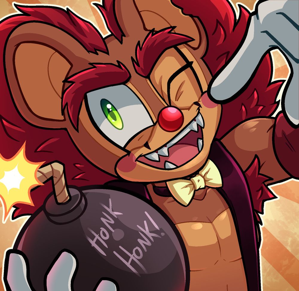 A bust drawing of Bonanza the circus monkey, who is a slender, reddish brown monkey with thick maroon hair and eyebrows. He has an opened mouth grin and is holding a cartoon bomb with the writing "Honk Honk!"