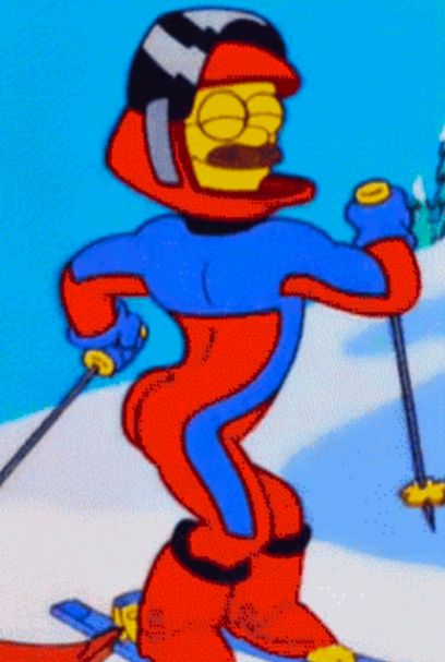 A pic of Ned Flanders, a character from The Simpsons, showing off his ski suit and his assets.