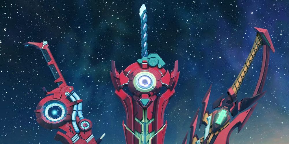 Gezeigt sind die Schwerter der 3 Protagonisten der Xenoblade Chronicles Trilogie, vor einem Sternenhimmel.