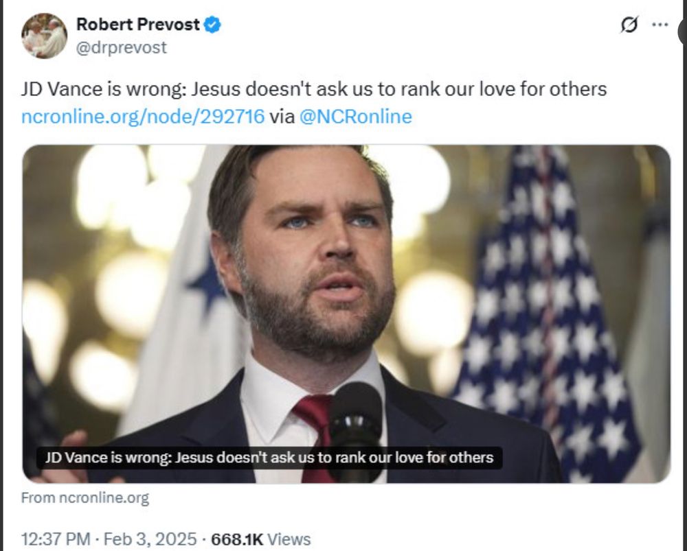 screenshot of Prevost sharing NCR article: "JD Vance is wrong: Jesus doesn't ask us to rank our love for others"