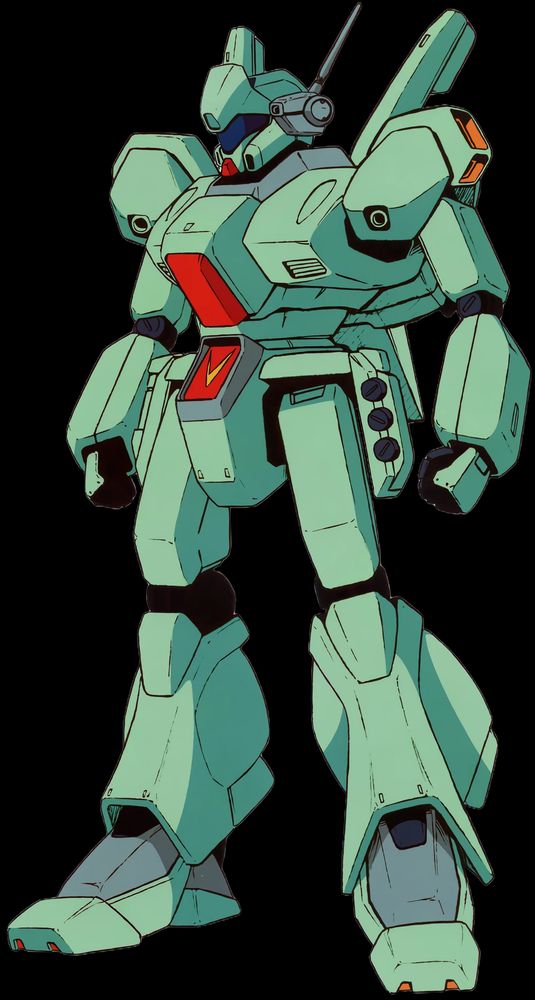 The light green Jegan, a GM style mobile suit with the usual configuration of a humanoid mech with a visor style helmet rather than the mono-eye. Chest cockpit. Has missile pods on the hips. 