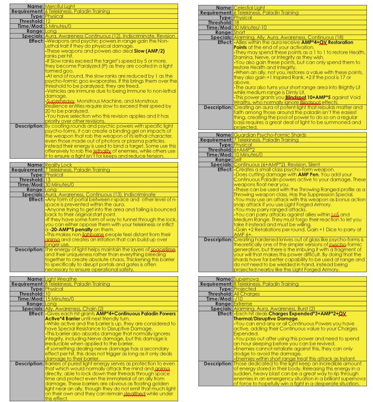 Six powers: Merciful Light (Turns attacks non-lethal on both sides) Celestial Light (Constant Healing), Reality Lock (Anti-Teleportation power), Guardian Psycho-Formic Shards (Summon Shards of bright glass to parry attacks and hurt), Light Wreath (Temp HP power), Supernova (Sacrifice your stamina and powers to do a massive burst of damage)