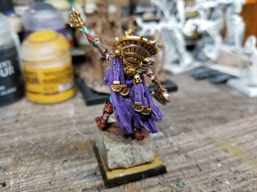 Wearing a golden and bronze collar, a golden khopesh, this red painted skin of the tomb princess with light blue paint on his staff and coloration of his pants. A purple cloak robes him while he stands atop a rock and ordering his troops to greater vigor in battle.  This is the back, offering a better view of his purple cape. 