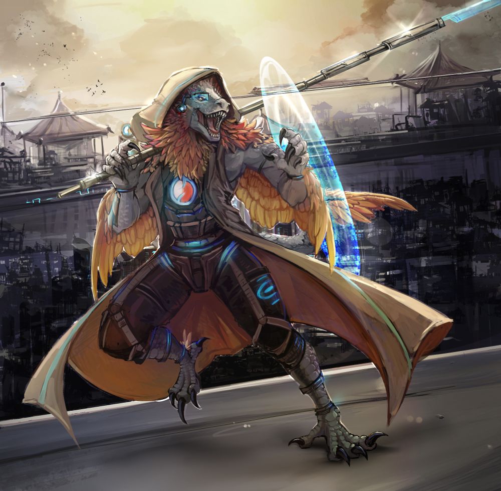 Issidore warrior in an orange-yellow jacket and covered in a minimal shield armor, with the primary shield showing on the arm. A staff hangs behind their hood, while orange feathers coat their head, neck, and arms. A small eye piece provides a hud. Issidores are a bit akin to bipedal raptors, though have plantigrade feet for climbing rather than digitgrade for running. 