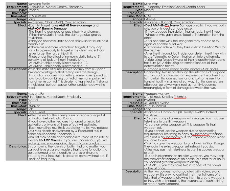 The final 4 powers are a bit weird with the ability to gain more turn, a new weapon, limb numbing, and a mind war. 