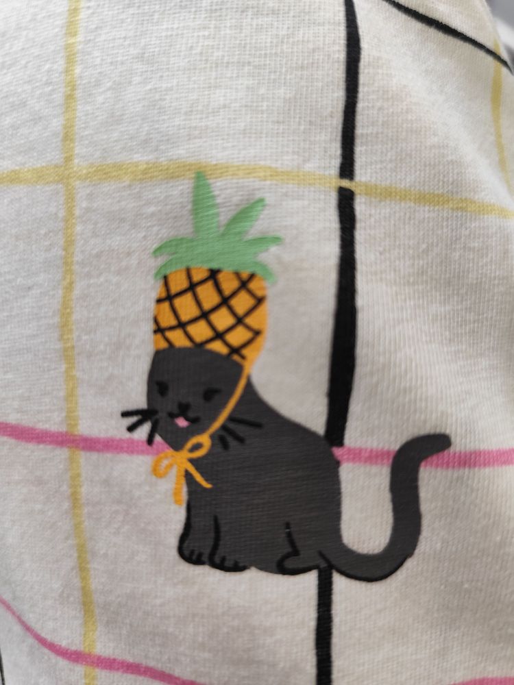 Desenho de um gatinho com um chapéu de abacaxi na cabeça 