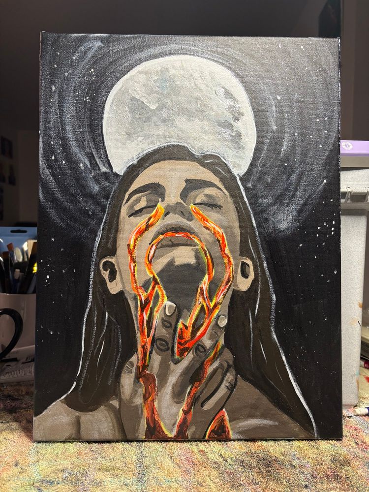 Acrylic on canvas depicting a young woman standing below a full moon. Molten liquid pours from her eyes and mouth.