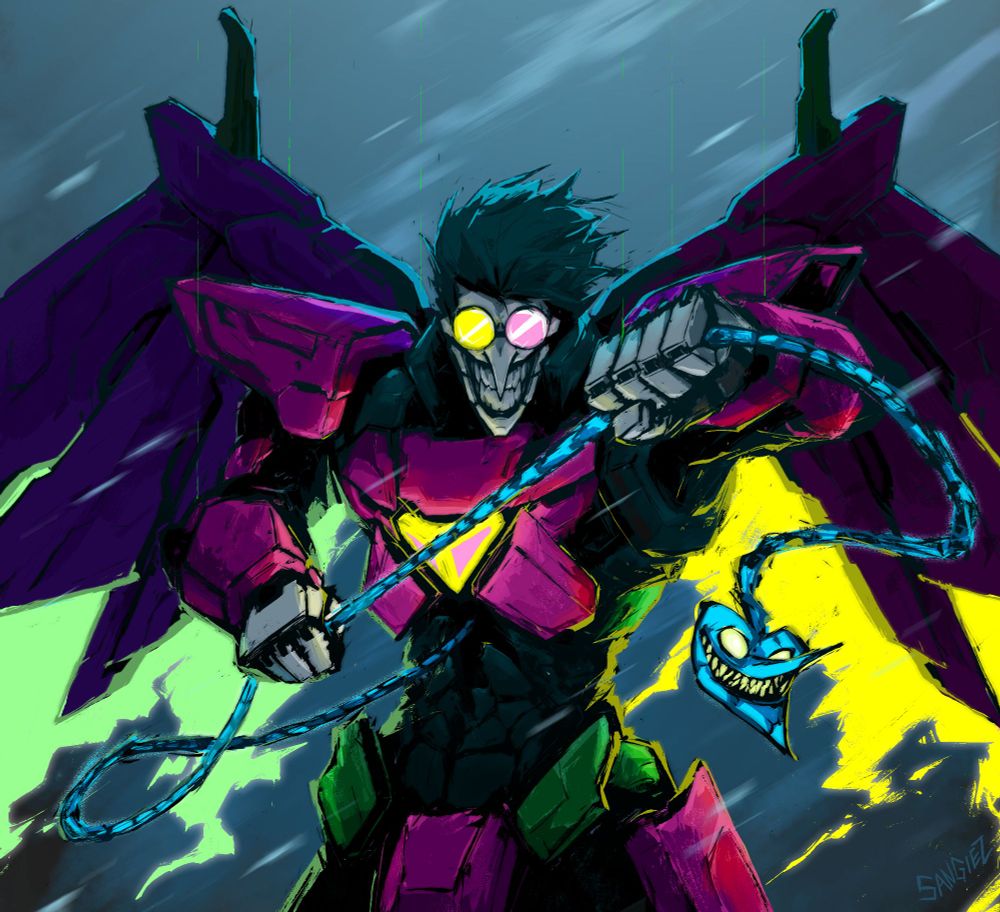 Spamton Neo holding his chained heart like that viral image of Chihiro unsheathing a katana (Kagurabachi pose)