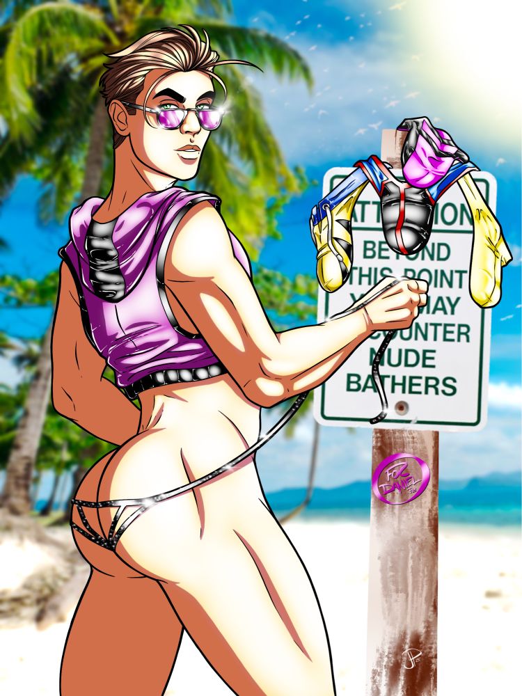 A cartoon style image of me in a thong bikini and crop hoodie on my way to a nude beach full of Marvel Characters. Speedos with designs based on Wolverine, Cyclops, Wiccan, and Hulklink’s costumes hang on the “Caution Nude Bathers” sign.