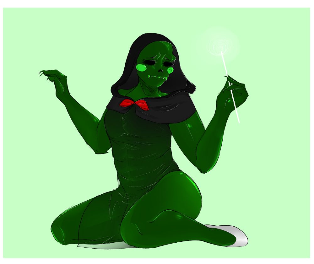 Calliope sitting with her arms held up, her right hand holds her wand. She's wearing her slippers, hood and a semi-transparent tunic.