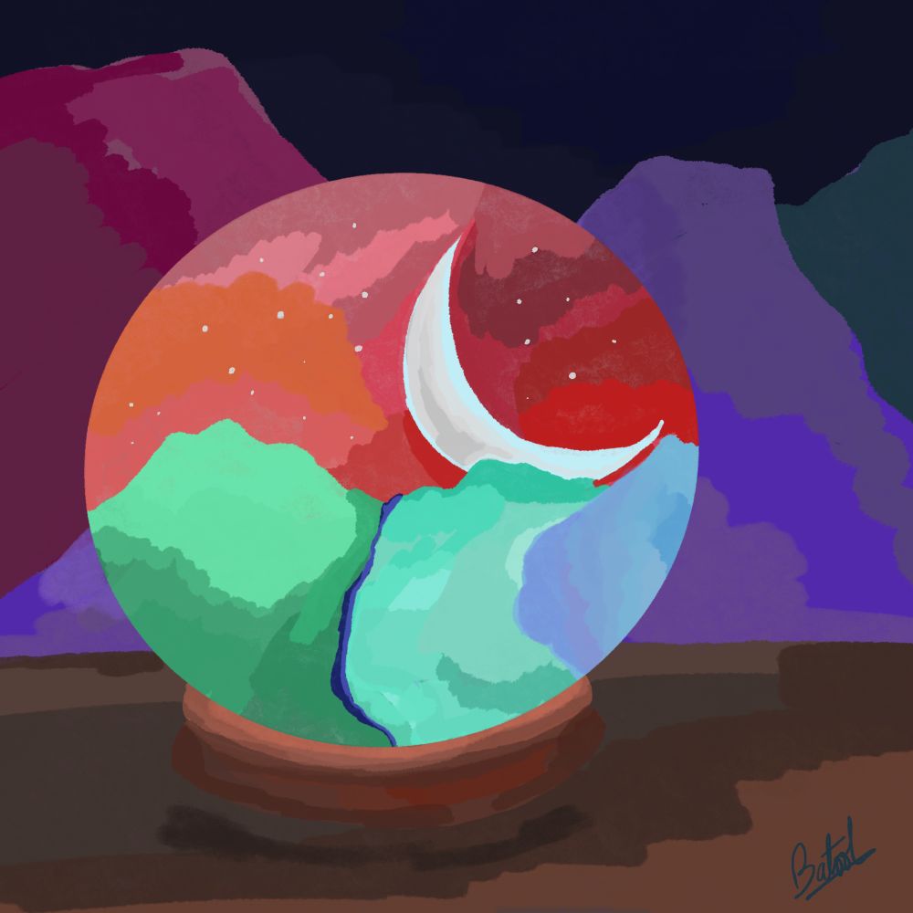 Snow globe of a moon and mountains. More mountains in the background.