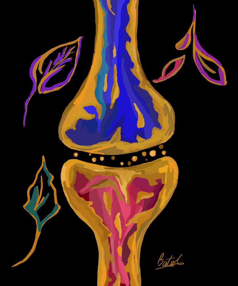 Painting of a synapse, with a golden outline. Leaves in the background.