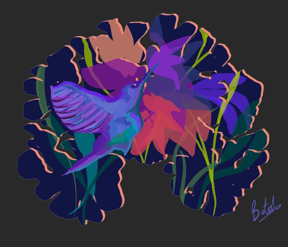 Painting of brain with hummingbird, flowers, leaves.