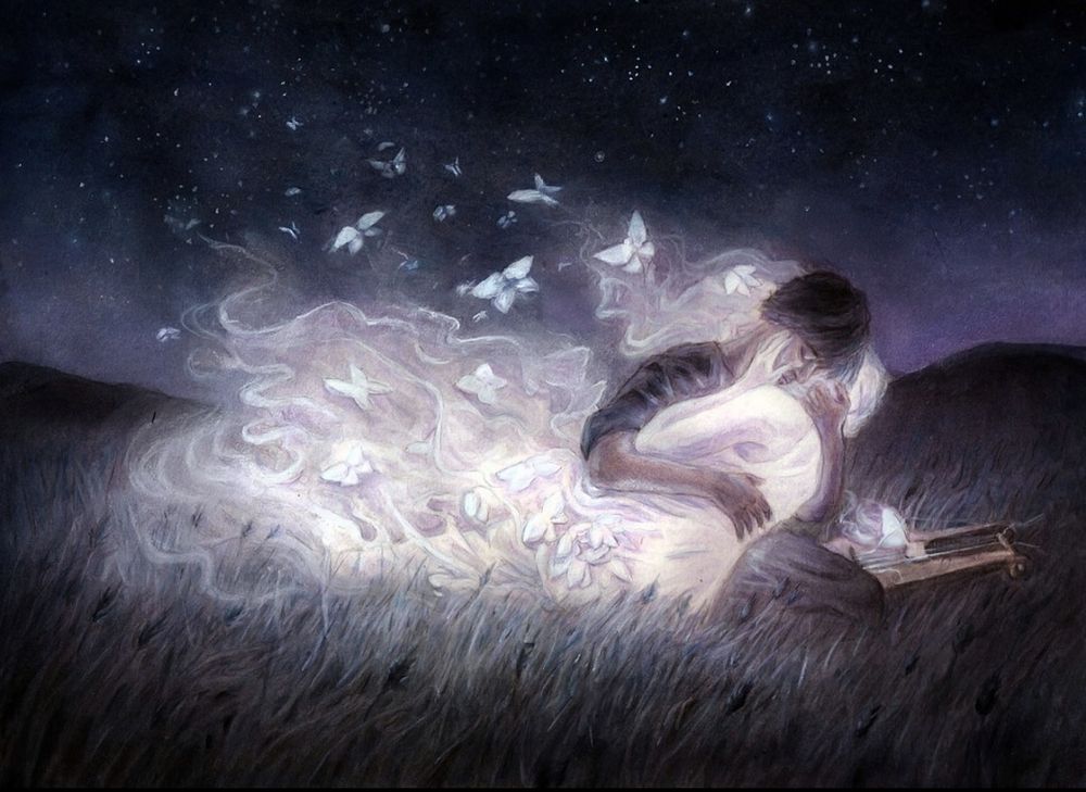 Painting of Orpheus holding on to a ghostly Euridyce, who is turning into smoke and butterflies. Setting is nighttime in a dark and grassy field.