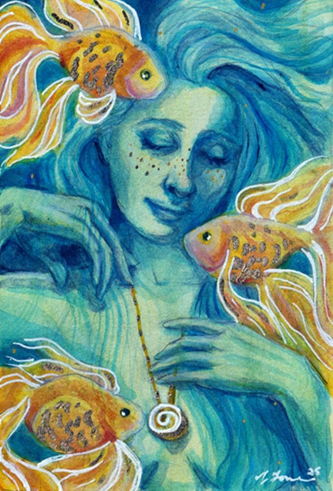 Serene nereid gazing at three goldfish. Painting is blue with orange goldfish.