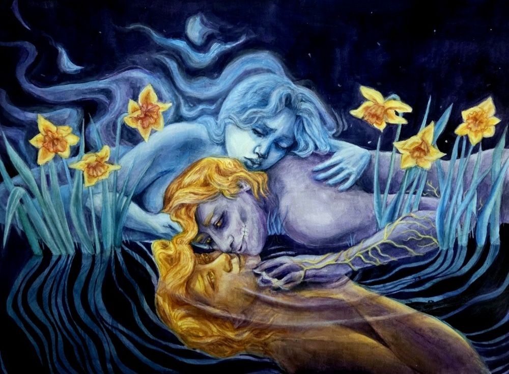 Painting of interpretation of Narcissus and Echo myth. Dying Narcissus is staring at an idealized reflection while Echo clings to him as she begins to fade away. Daffodils (Narcissus) surround them 