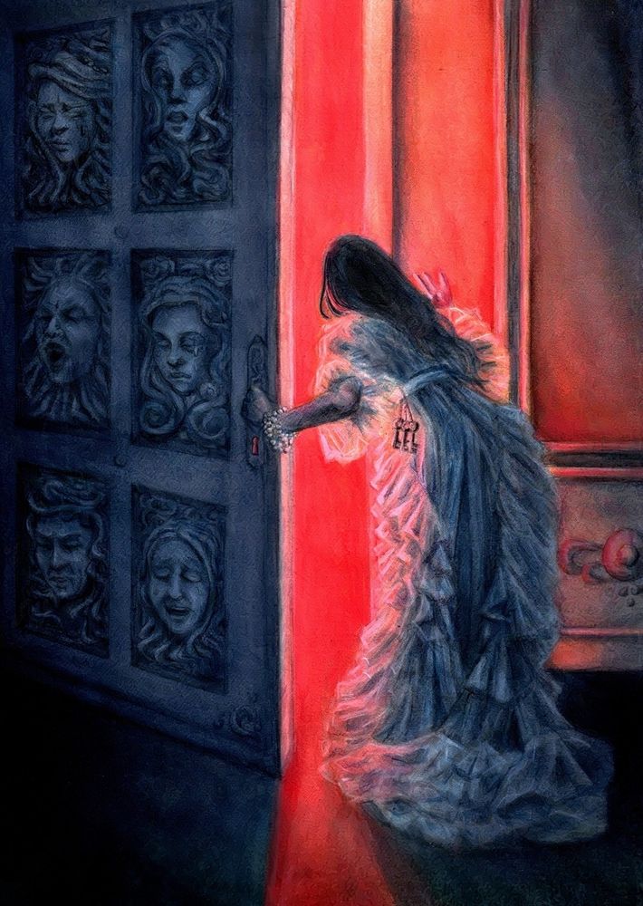 Bluebeard illustration. Bluebeards wife looking through red door with glowing red light flowing out. Wood carved heads in door.