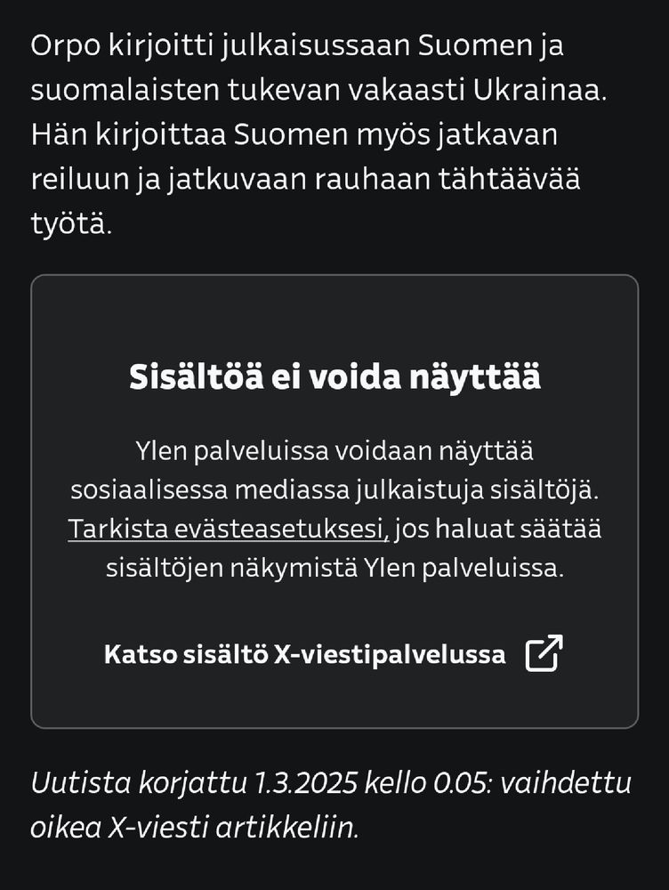 Orpo kirjoittaa X:ssä ja Yle upottaa sivuatolleen