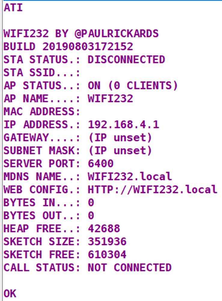 Output of the "ATI" command, showing information such as the IP and MAC address, configured gateway, and call status.