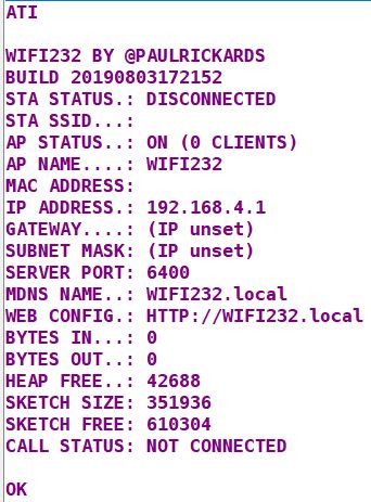 Output of the "ATI" command, showing information such as the IP and MAC address, configured gateway, and call status.