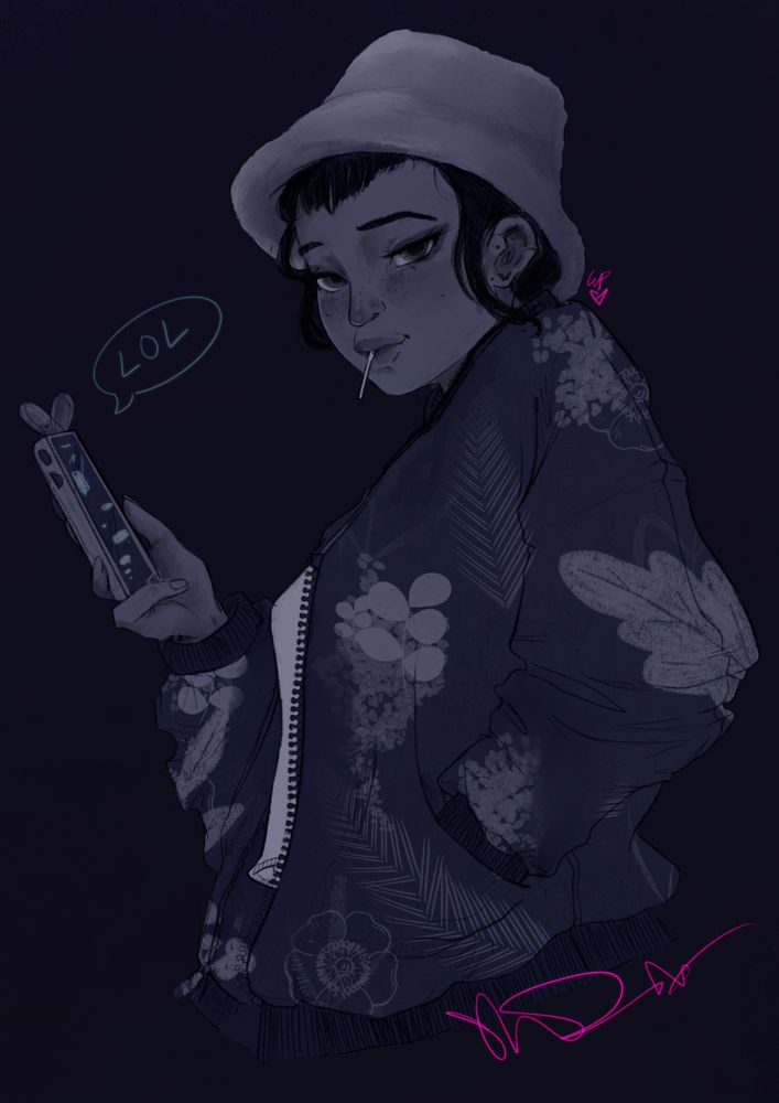 Monochromatic navy sketch of Zoey from K-Pop demon hunters casually chilling in her tropical jacket and fuzzy bucket hat while sucking on a sucker and glancing away from her phone
