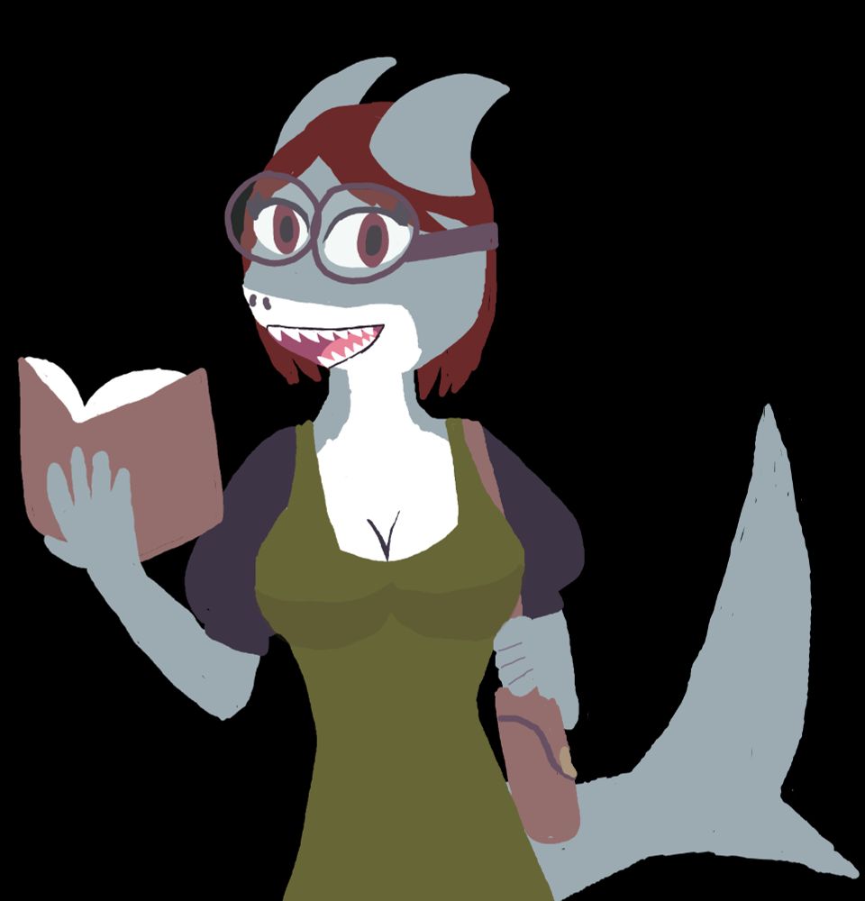 Anthro shark drawn from the waist up in a lineless style holding a purse and reading from a book. She has brown hair and eyes and is wearing circular glasses and is speaking at the viewer.