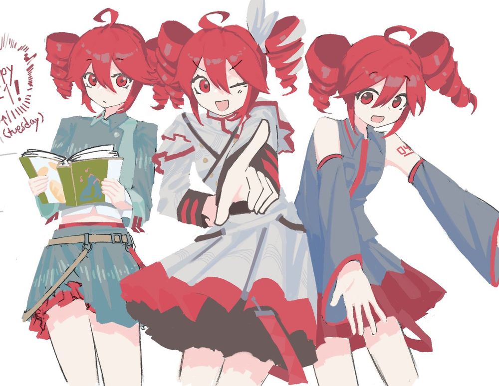 three kasane tetos (from left to right: voicepeak teto, synthv teto, and utau teto) -- together they're doing a pose from nichijou's opening
