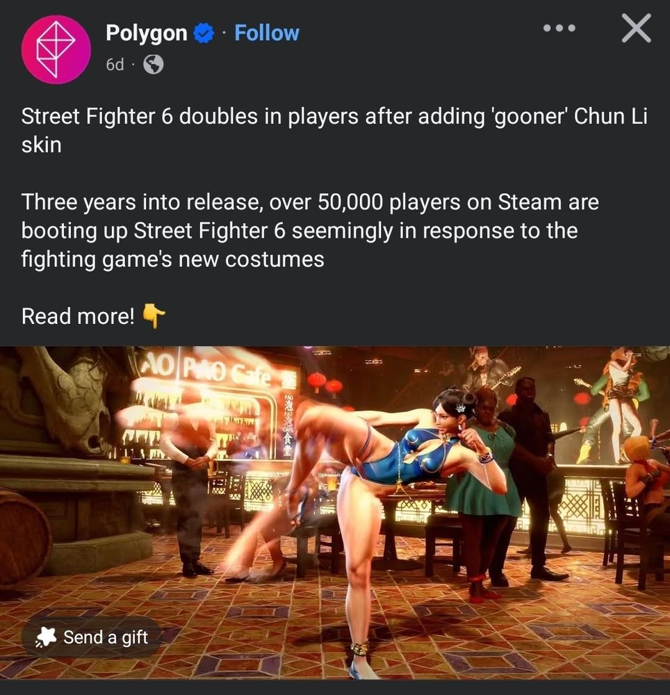 The dumbest article primer I have ever read. It is a screencap of the new swimsuit DLC of Chun-Li from Street Fighter 6 with the article description of "Street Fighter 6 doubles in players after adding 'gooner' Chun-Li skin.
