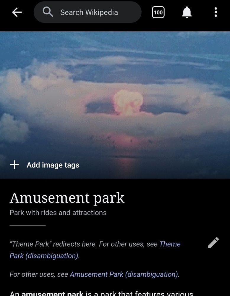 Screenshot of the Wikipedia app showing the article for "amusement park" with the title image  erroneously substituted for the title image of the crossroads nuclear test series article, which happens to be a nuclear fireball