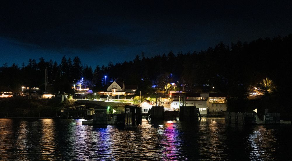Orcas Island ferry terminal seen from the water at night